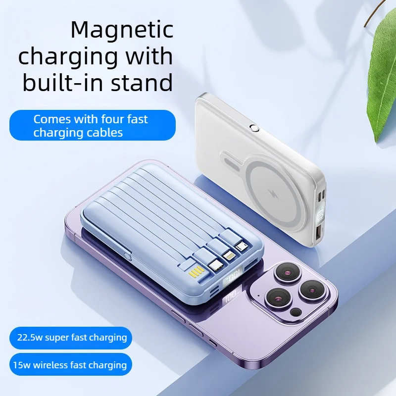 PowerBank 20000mAh Magnetic Wireless  for MagSafe Power Bank 22.5W Built-in 4 Cables with Stand Compact Charger