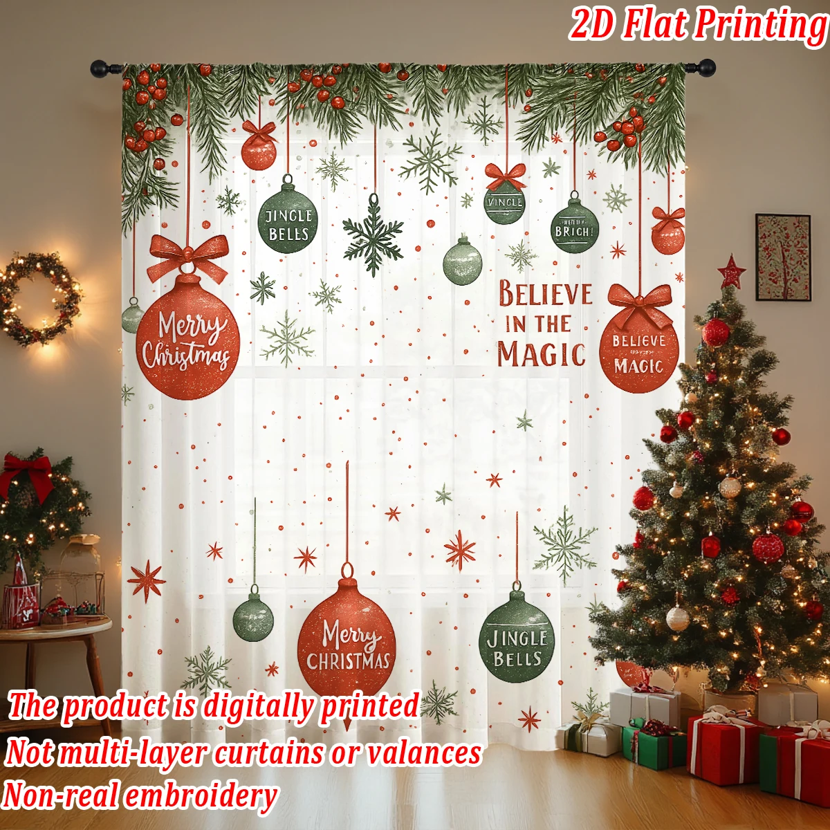 Christmas Flat Printing Sheer Curtain with Christmas Ball Snowflak Pine Branch for Living Room Bedroom Decor Holiday Party
