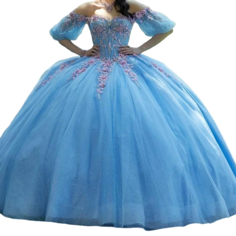 Vestidos de fiesta de princesa azul cielo personalizados, vestido para quinceañeras con apliques de encaje y lazo para niñas de 14 años, ocasión de fiesta de cumpleaños