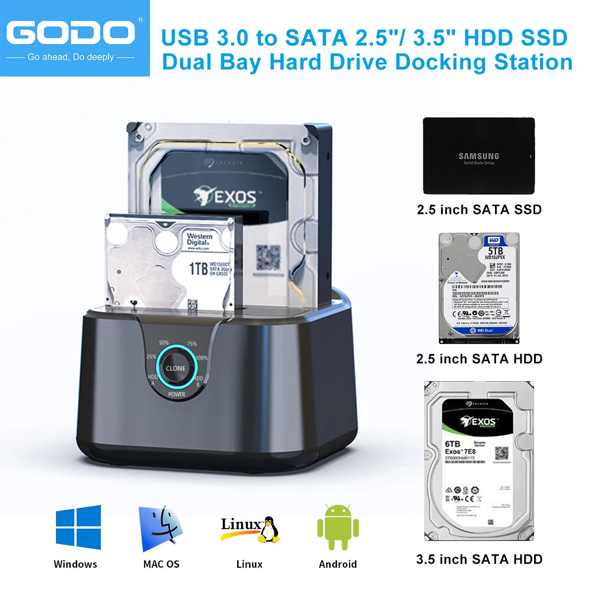 Imagem -04 - Godo-estação de Ancoragem do Disco Rígido com Indicador Led Dual Bay Hard Drive Dock Usb 3.0 tipo c 2.5 3.5 Hdds Ssd