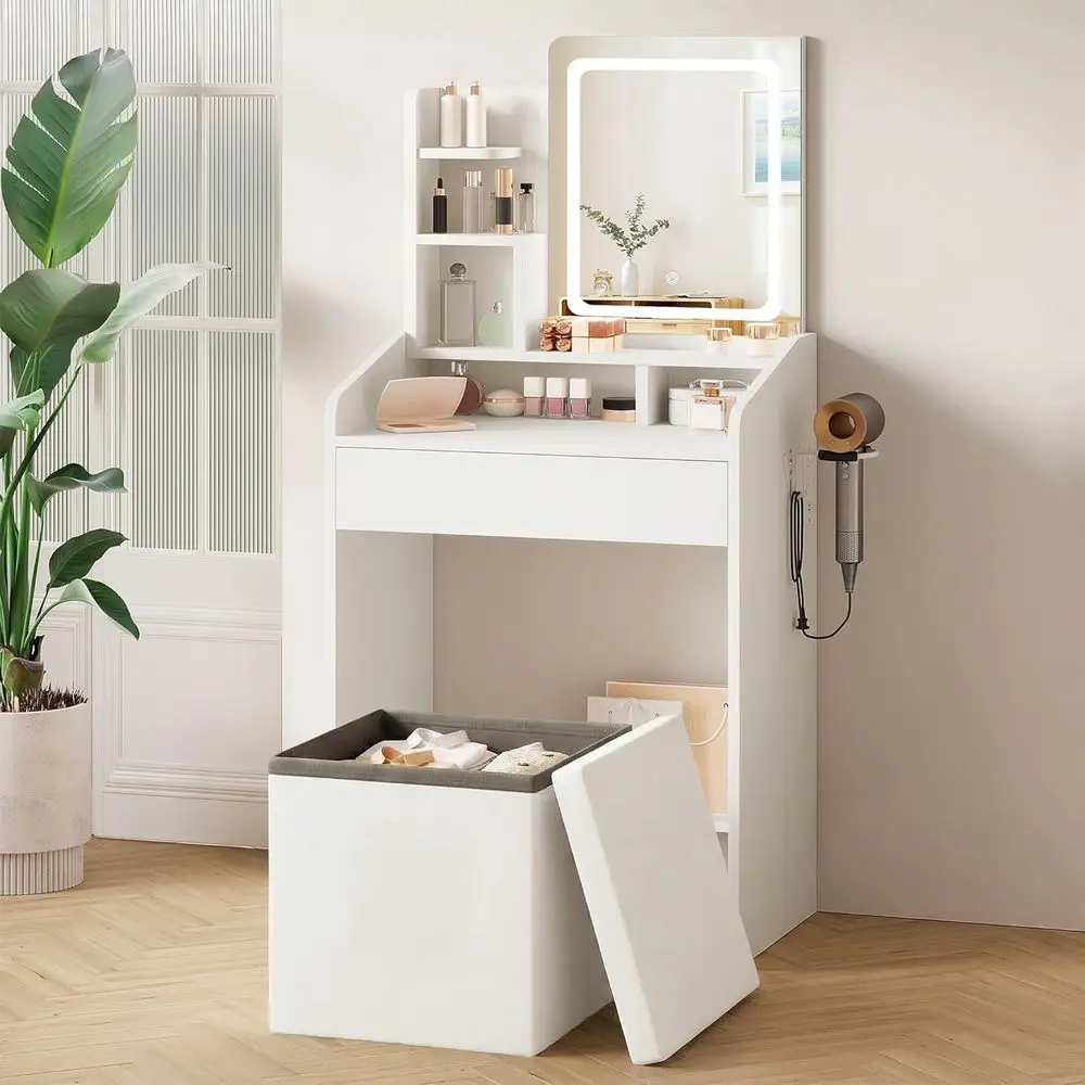 

24 White Makeup Desk with Lighted Mirror, Storage Stool, Hair Dryer Rack, LED 3-Color Lighting, Compact Vanity for Bedroom
