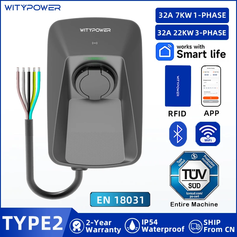 

WityPower Type 2 Зарядная станция для электромобилей, 1 фаза, 7 кВт, 3 фазы, 22 кВт, с управлением через приложение, функция Wi-Fi, Bluetooth, станция быстрой зарядки