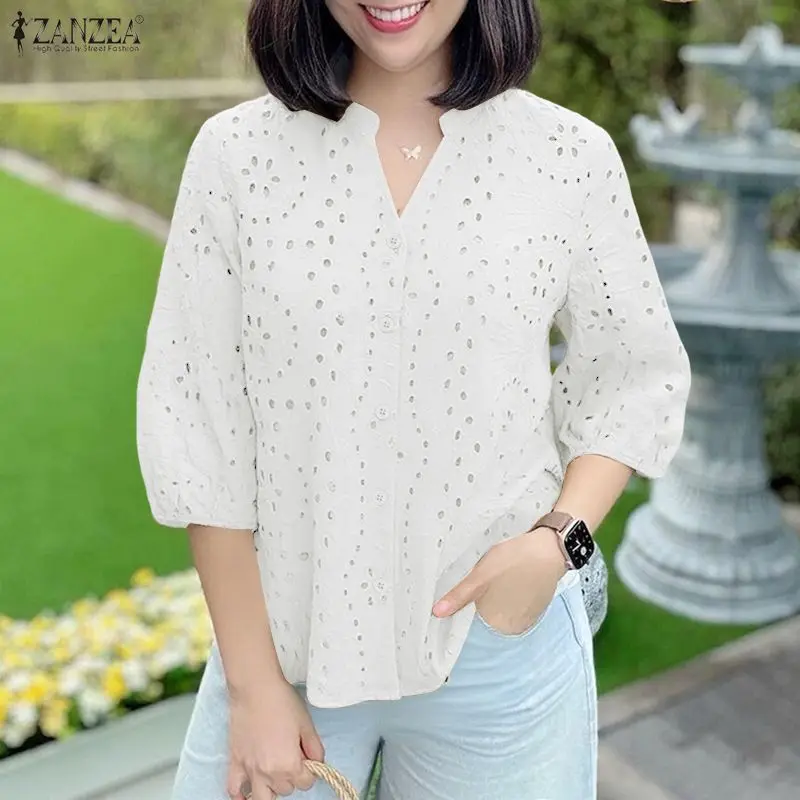 

Стильная летняя блузка с вышивкой ZANZEA, женские топы с вышивкой, элегантная рубашка с V-образным вырезом и рукавами 3/4, лоскутная рабочая рубашка, праздничная рубашка Mujer