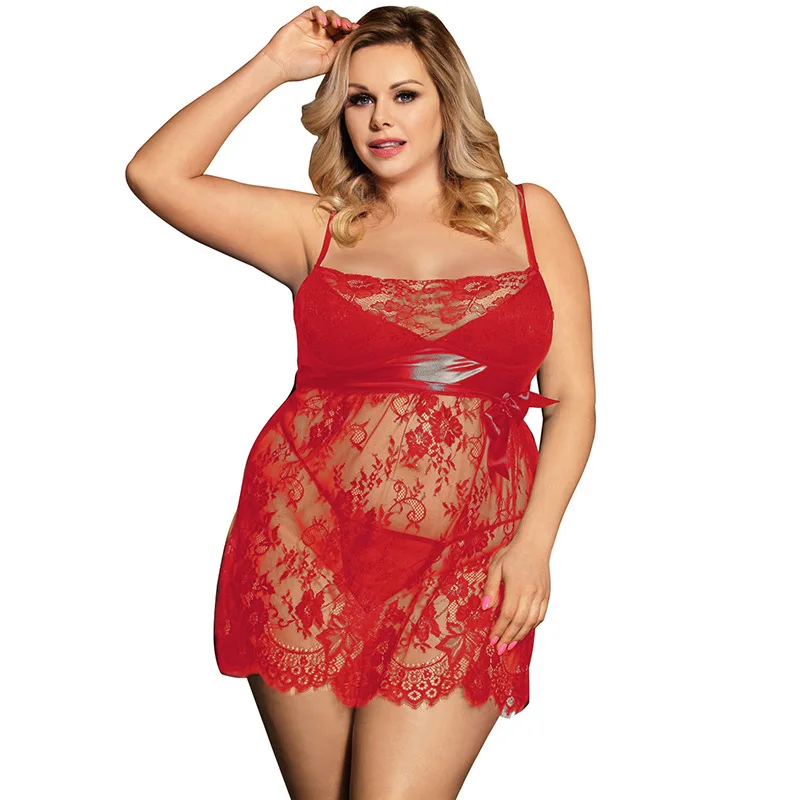 Comeondear Women Sleepwear Eyelash Lace Mesh Nuisette Plus Size Night Dresses Spaghetti Strap Nightgown Sexy Babydoll Lingerie view 4