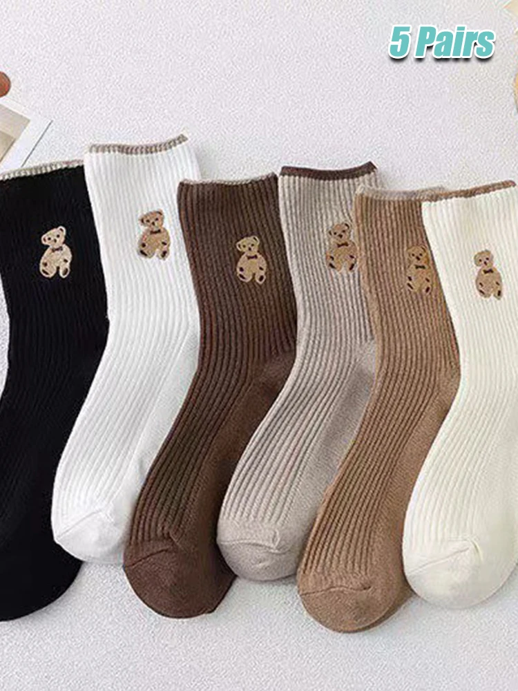 5 Pairs Autumn Winter Mid Tube Socks Cotton Sweat-absorbent Breathable Casual Women\'s Socks Cartoon Sweet Kawaii Socks for Girls