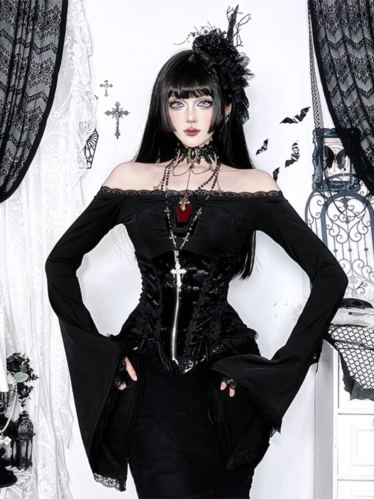 AltGoth Aesthetic Gothic Dark Dress Women Vintage Fairycore Grunge Sexy Off-the-shoulder Flare Sleeve High Waist Dress Partywear