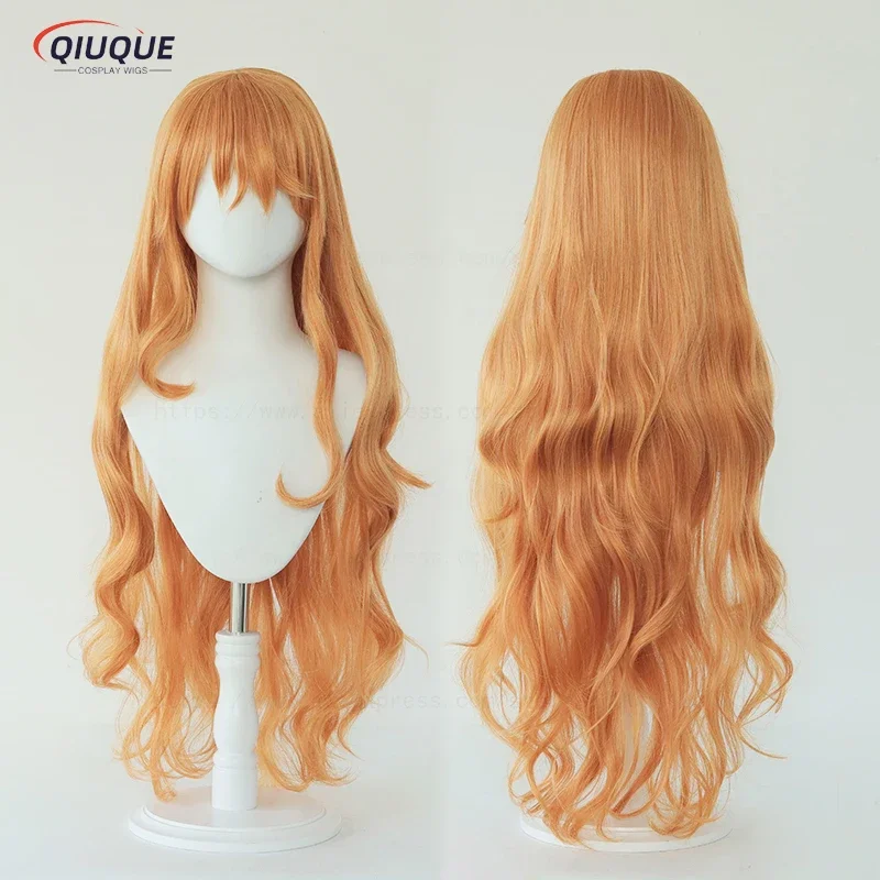 Halloween masks decorated with  Cosplay Wig Women 75cm Long Curly Wavy Orange Heat Resistant Hair Anime  Cosplay Wigs + Wig Cap