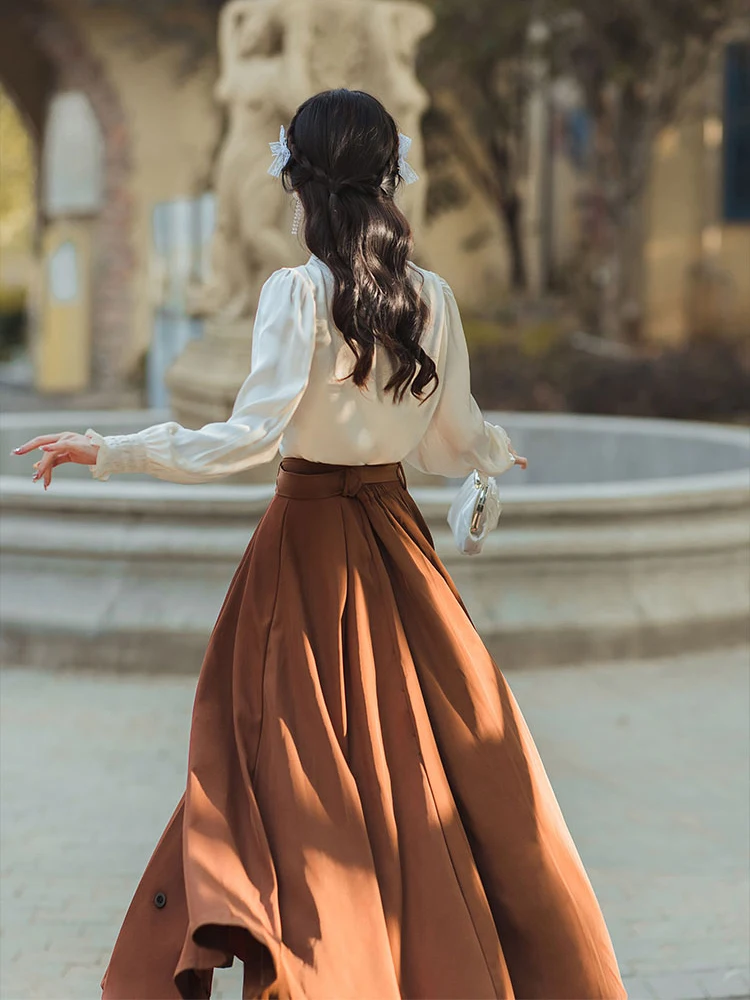 Lolita Style Elegant Two Piece Skirt Set Women Spring Autumn Long Sleeve Embroidery Shirt and Long Skirts With Belt Outfits