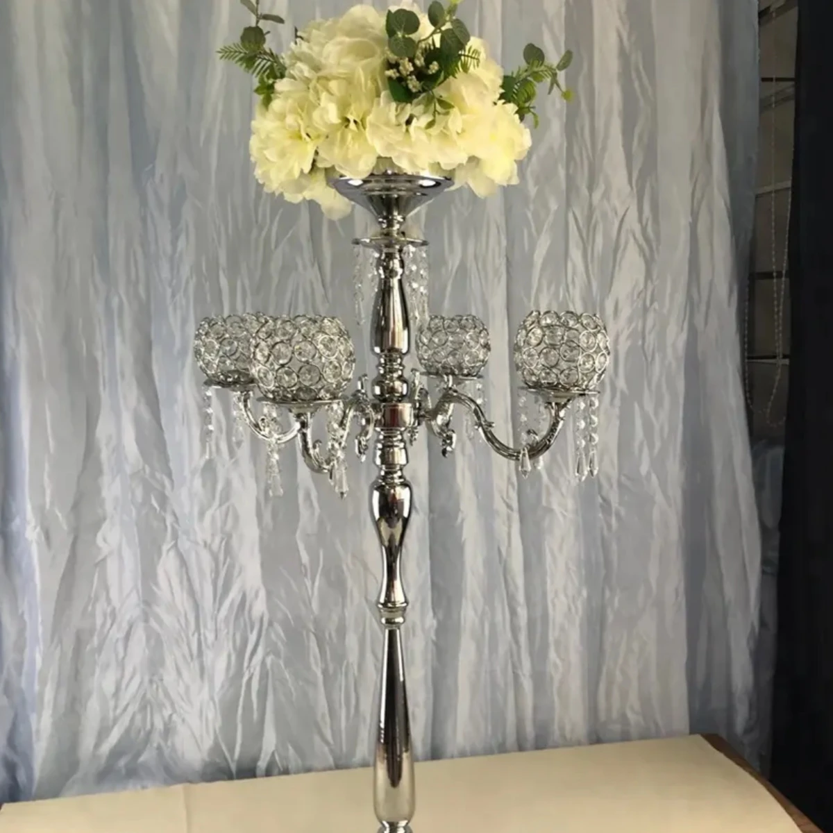 6pcs/10pcs)H90cm)5 arms metal silver candle candelabras glass with flower bowl table centerpiece stands for event decoration 559