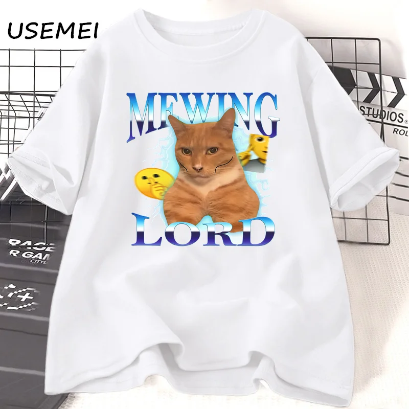 Mewing Lord Funny Cat Meme T-Shirt Men Casual Round Neck Cotton Short Sleeve Tshirt Unisex Streetwear Printed T Shirt Mens