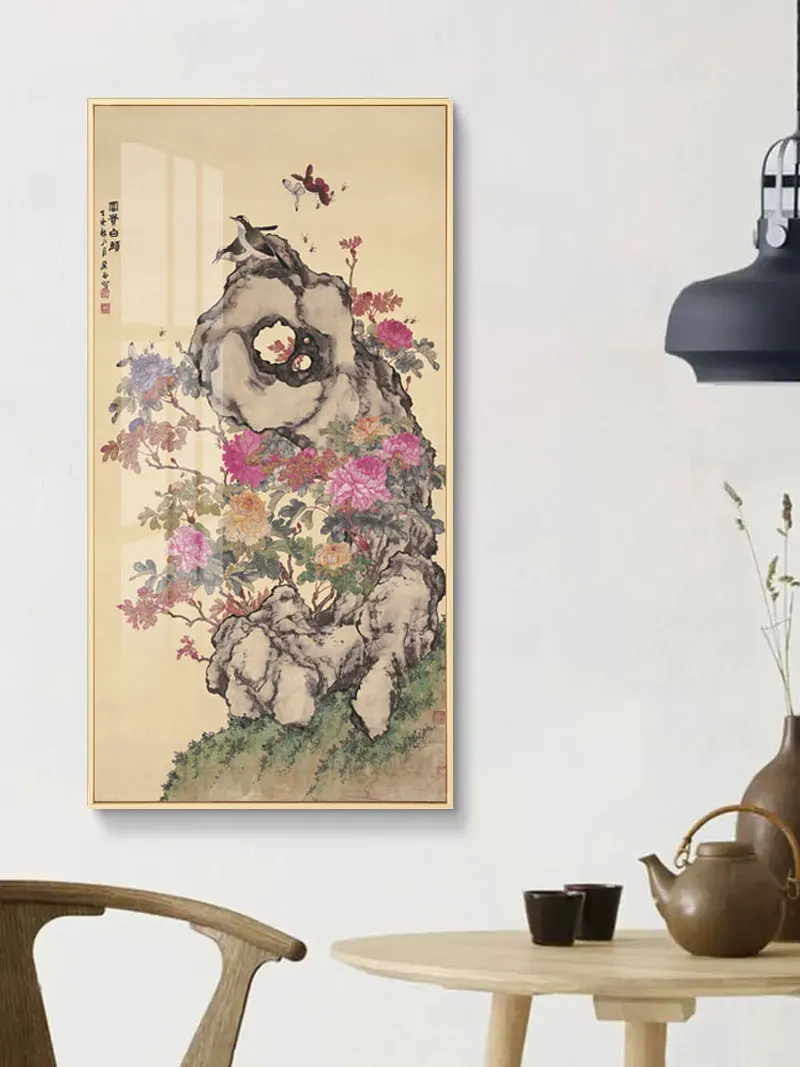 Vintage Chinese Ink Painting Canvas Art Print Painting Poster Of Flowers and stones By Unframed Wall Pictures For Living Room