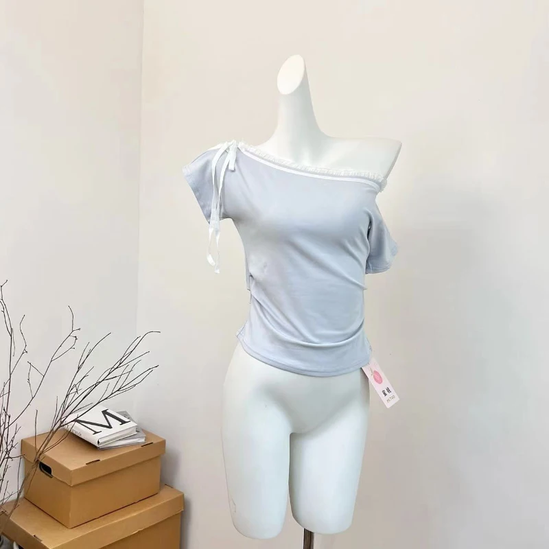 Bomon عادية الحلو الاتجاه الكورية مخطط المرأة تي شيرتات قصيرة الاكمام الصيف الدانتيل حافة القوس الشارع موضة واحدة الكتف Ins #5