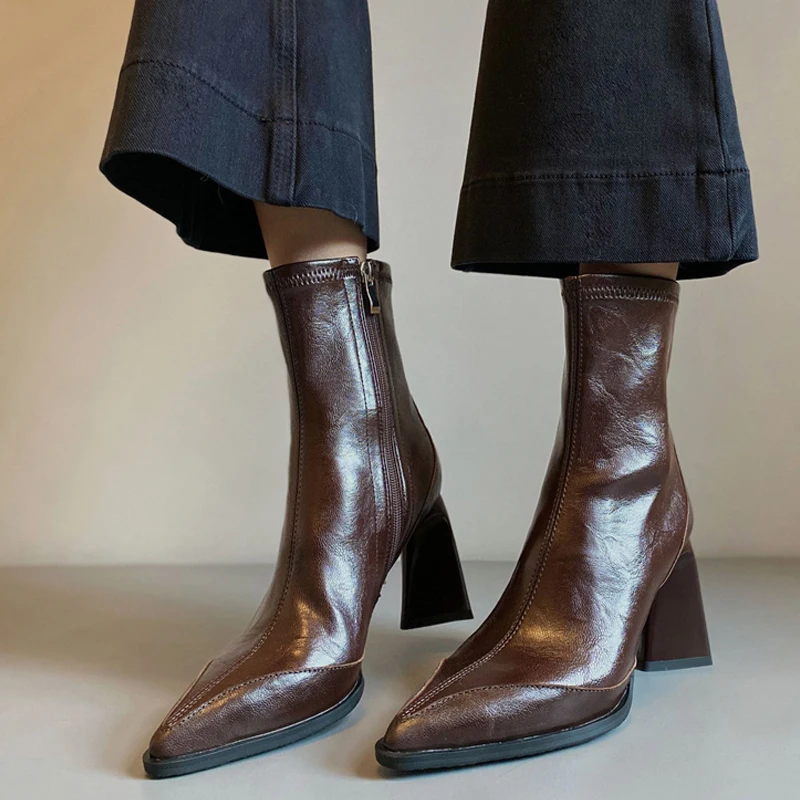 Autumn Winter Vintage Thick Heels Slim Ankle Boots Women Shoes Fashion Pointed Toe Stripper Party Modern Short Botas Mujer
