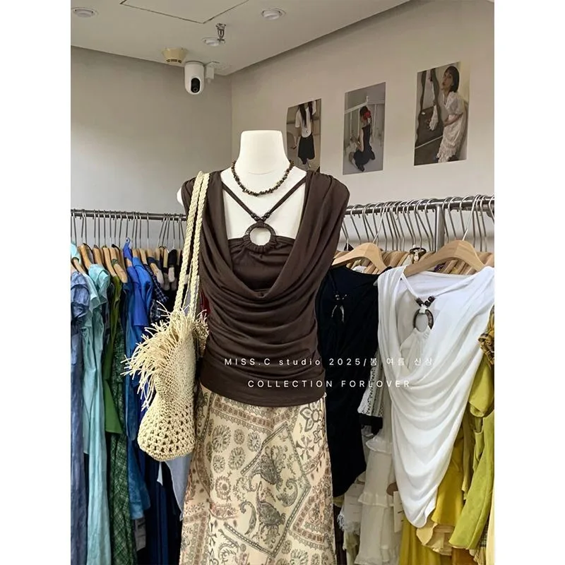 

Women's Black and White Sleeveless Cowl Neck Top with Decorative Detail