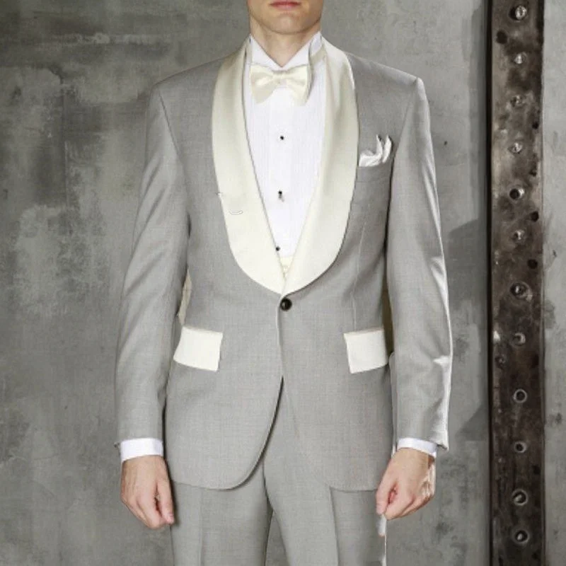 Costumes de mariage gris clair pour hommes avec revers châle ivoire, coupe couvertes, smoking, marié, meilleur homme, olympiques Terno, veste avec pantalon