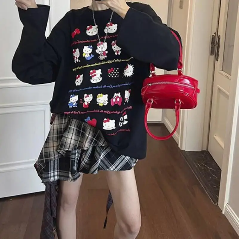 سانريو جديد الحلو الكرتون هوديي مرحبا كيتي هوديي فضفاضة طويلة الأكمام الياقة المستديرة فتاة الطباعة الربيع والخريف نمط هوديي