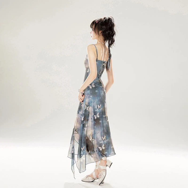 Summer Sweet First Love Butterfly Print Chiffon Slip Dress Women Spaghetti Strap Irregular Hem Slim Fit Long Dress Beach Outfit