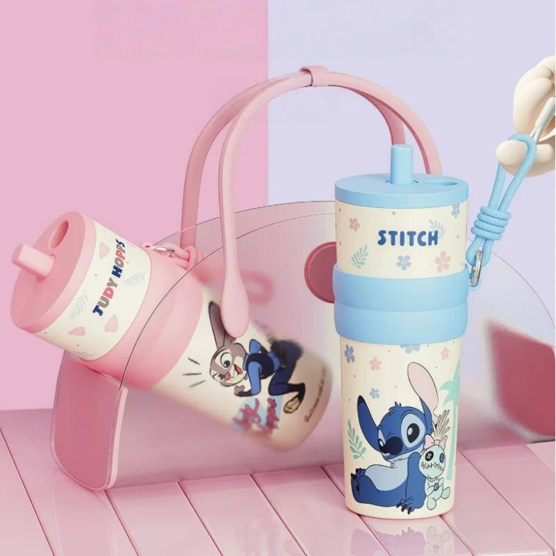 X&W Disney 720ML Cartoon Thermal Mug Stainless Steel Thermos with Dust-proof Straw Cap＆Carry Rope Keep Hot/Cold Insulated Cups