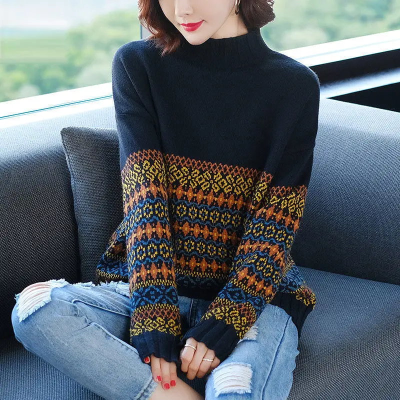 Women Vintage Ethnic Style Jacquard Knitted Sweaters Autumn Winter Korean Fashion Half High Collar Long Sleeve Tops Loose Jumper