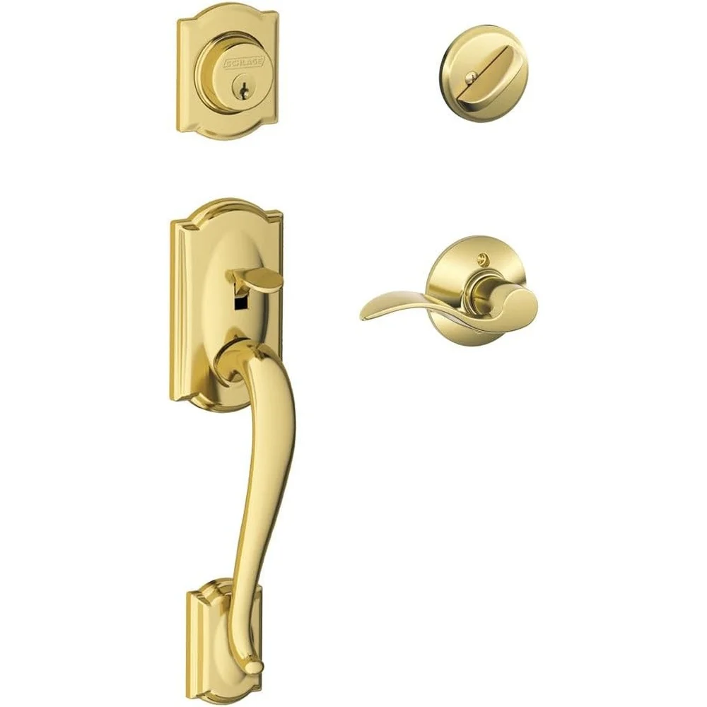 Camelot Single Cylinder Handleset Left Hand Accent Lever Bright Brass Door Lock Adjustable Self-Aligning Screw Installation