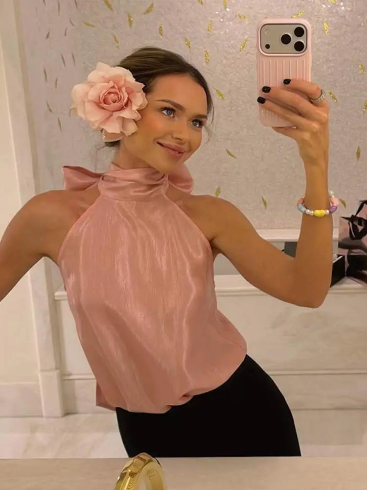 Elegante Damen-Satin-Bluse mit Neckholder-Ausschnitt, Rückenfreies Sommer-Top mit Schleife, Ärmelloses Casual-Oberteil für Party und Urlaub, Modisches Outfit – Detail 29