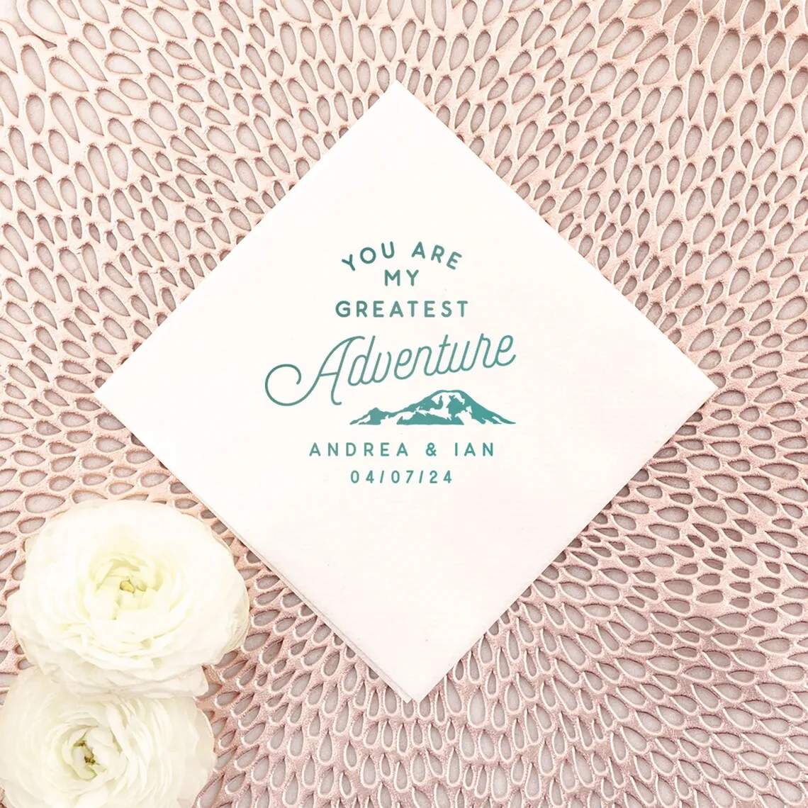 Personalized Linen Like Cocktail Napkins - You Are My Greatest Adventure with Mountain - Custom Wedding Napkins, Reception Decor