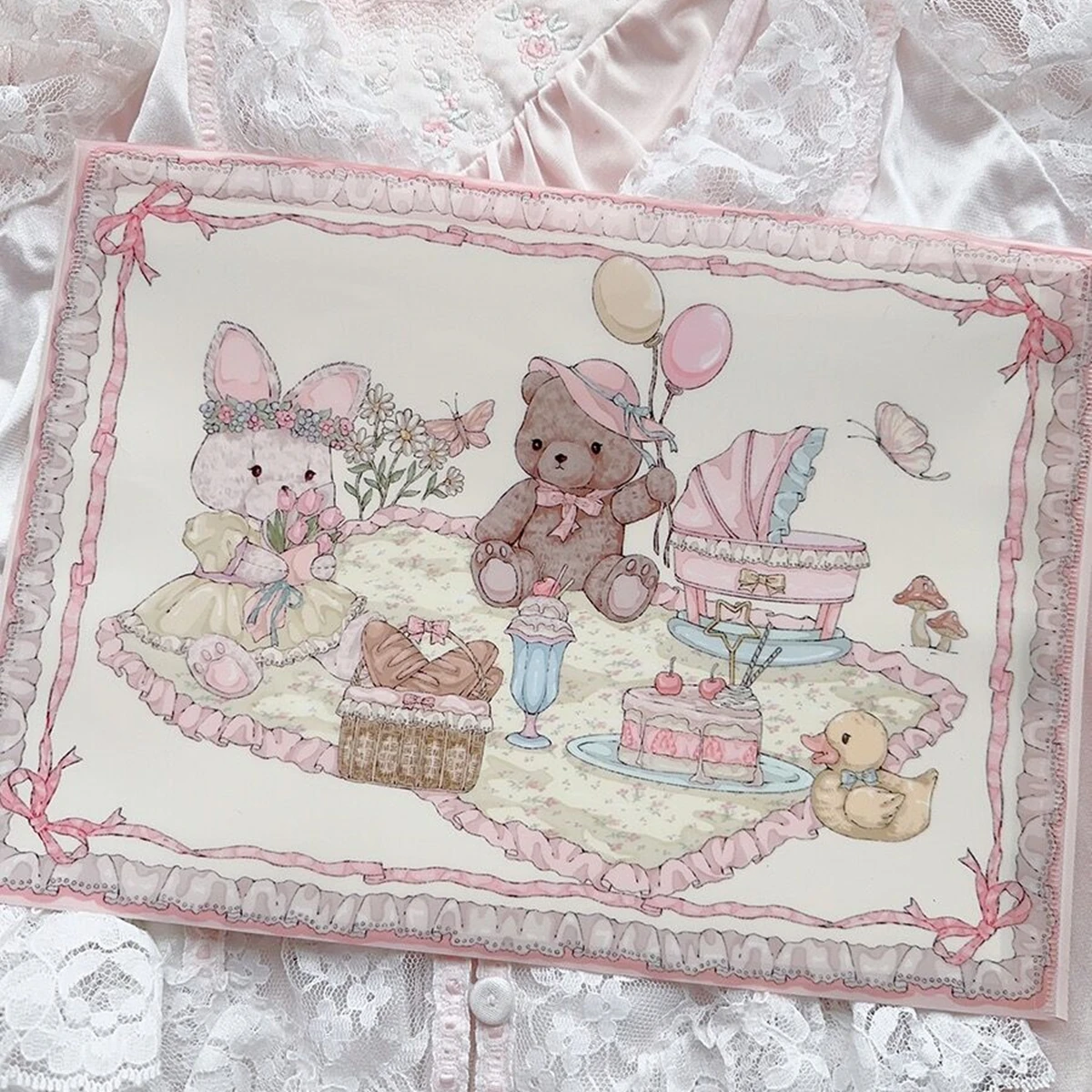 Kawaii PVC File Folder, Cartoon, Lolita, Retro, Rabbit, Bear, File Bag, Document Holder, Portable, School, Office, Stationery, 1