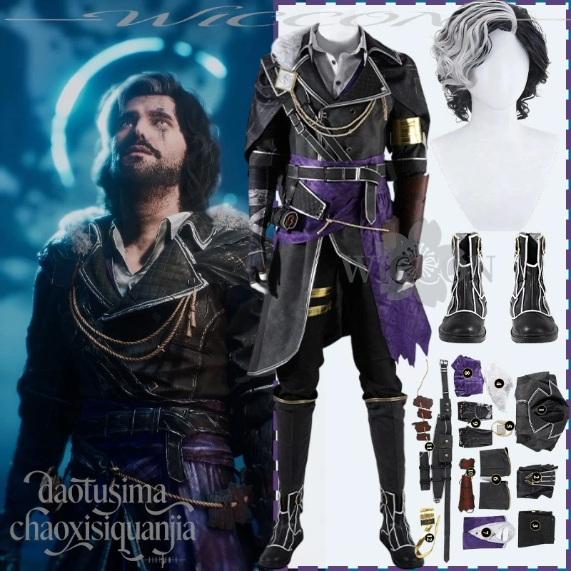 Juego de Anime Punk vikingo, conjunto de Cosplay para hombre, abrigo de batalla de PU negro y morado, pantalones, peluca Sexy Retro, disfraz de fiesta de Halloween