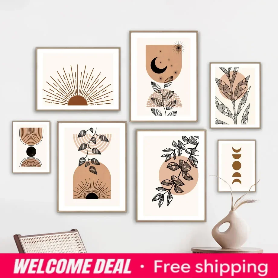 Boho Sun Moon Lines Leaf Abstract Geometry Wall Art Canvas Painting Beige Posters And Prints Pictures Living Room Interior De