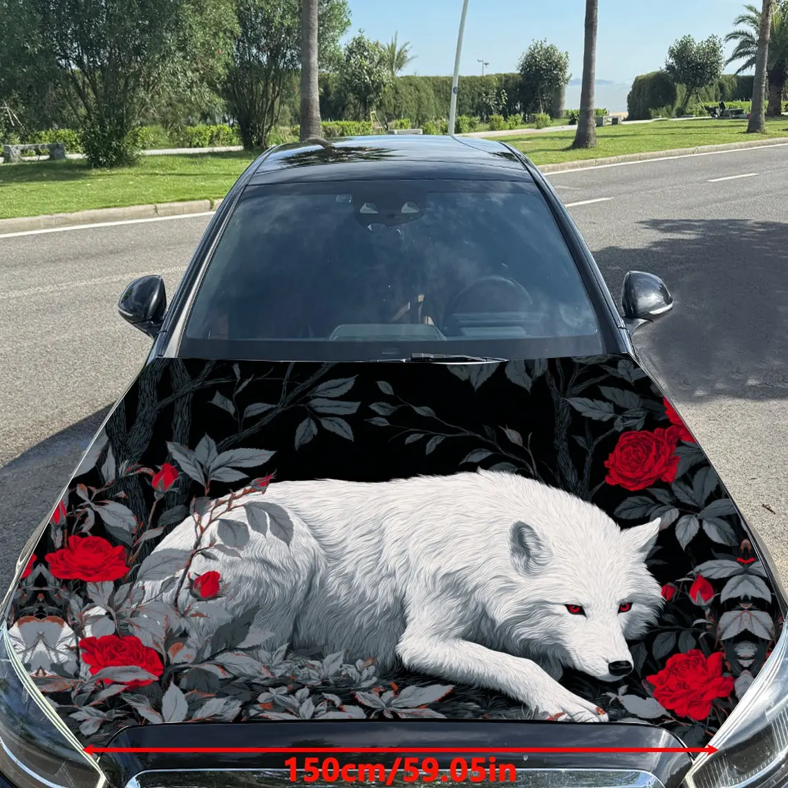 Realm of White Wolf und Red Roses Auto-Vinylfolie, wasserdichter Autohaubenaufkleber aus PVC-Material, selbstklebender, kratzfester Stic