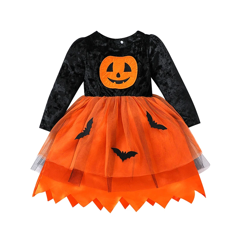 Toddler Kids Girls Halloween Dress Pumpkin Bat Pattern Multi-Layered Mesh Tulle Patchwork Dress Party Round Neck Dress