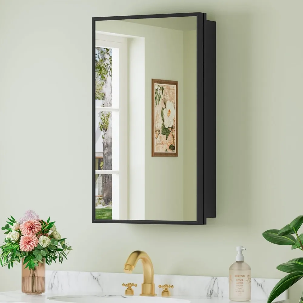 

Framed Medicine Cabinet with Mirror for Bathroom Recessed or Wall Mount Adjustable Glass Shelves Ready to Use Black