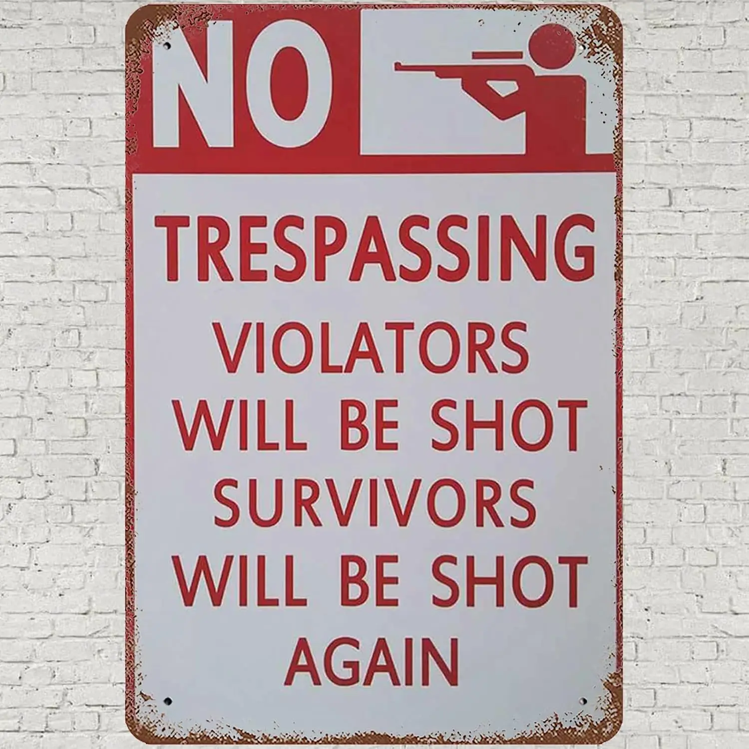 Vintage Metal Tin Sign , Secutity Warning Funny Gun Wall Art Decor, No Trespassing Violators Will Be Shot Survivors Will Be Shot