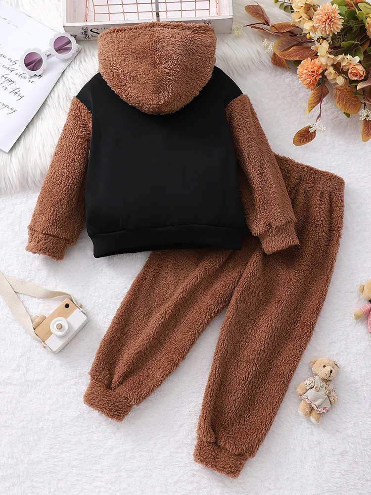 Autumn And Winter Boys And Boys Casual Cute Bear Pattern Hooded Long Sleeved&Long Pants Hairy Two-Piece Set