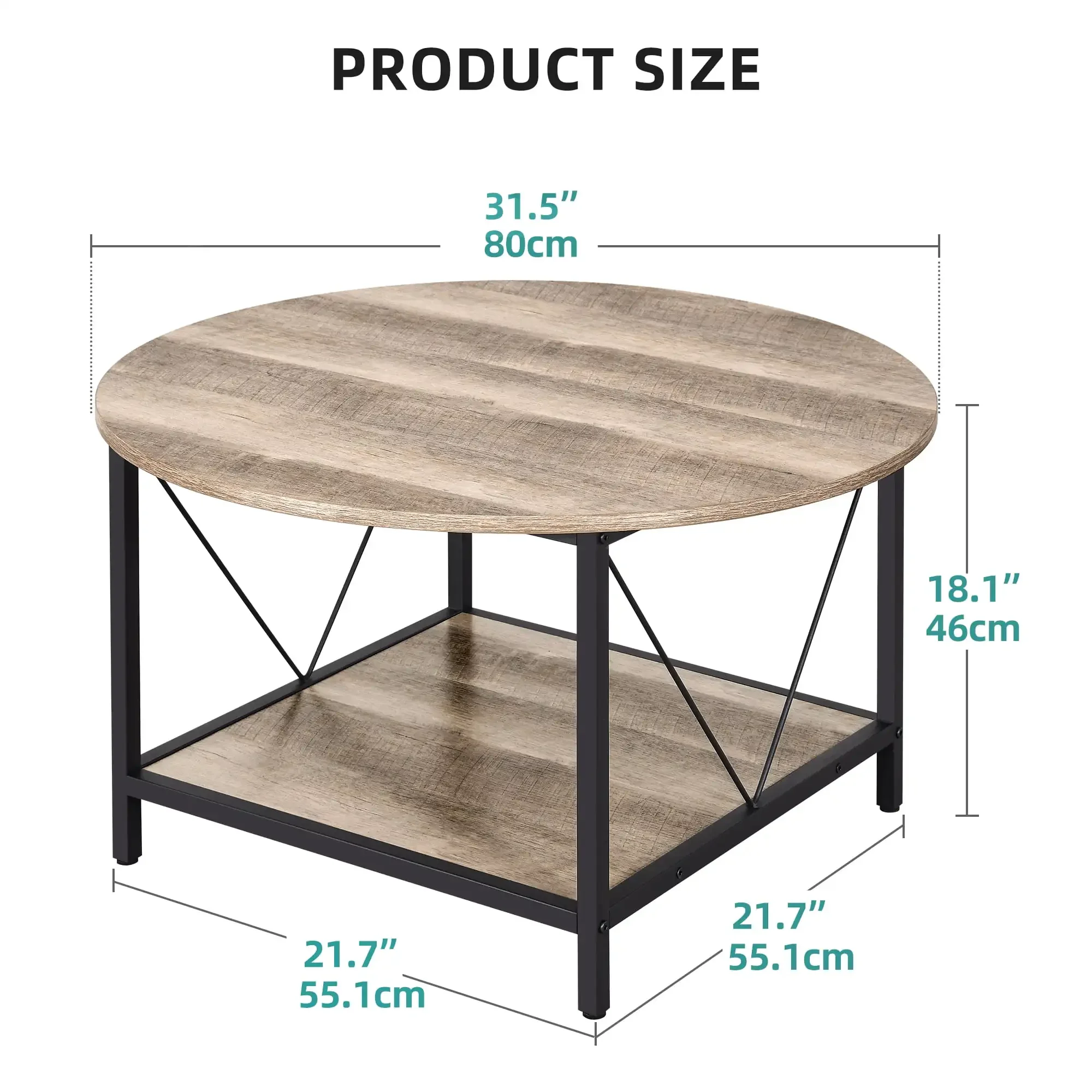 Mesa de centro redonda con almacenamiento, mesas de salón rústicas con patas de metal resistentes, roble