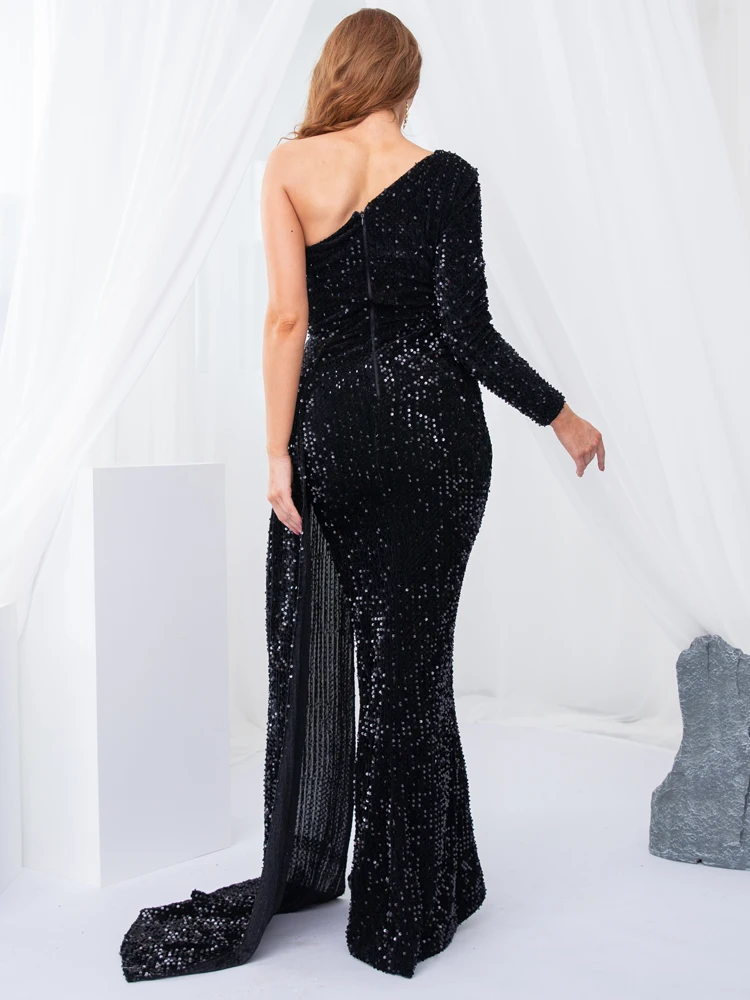 Romagic Shiny Sequin Wedding Party Prom Dress One Shoulder Full Sleeved Split Leg Padded Long Luxury Mermaid Evening Dresses