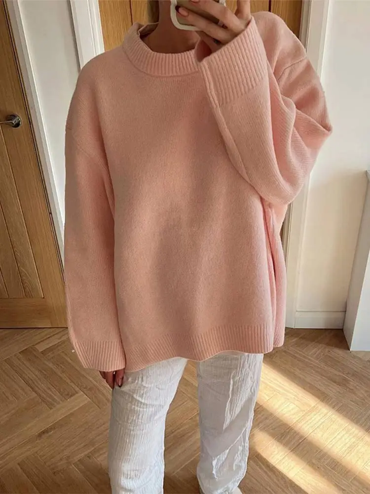 Women Solid Knitting Loose Pullover Tops Autumn Lady O-neck Long Sleeve Soft Sweater Female Elegant Basic Street Warm Knitwear