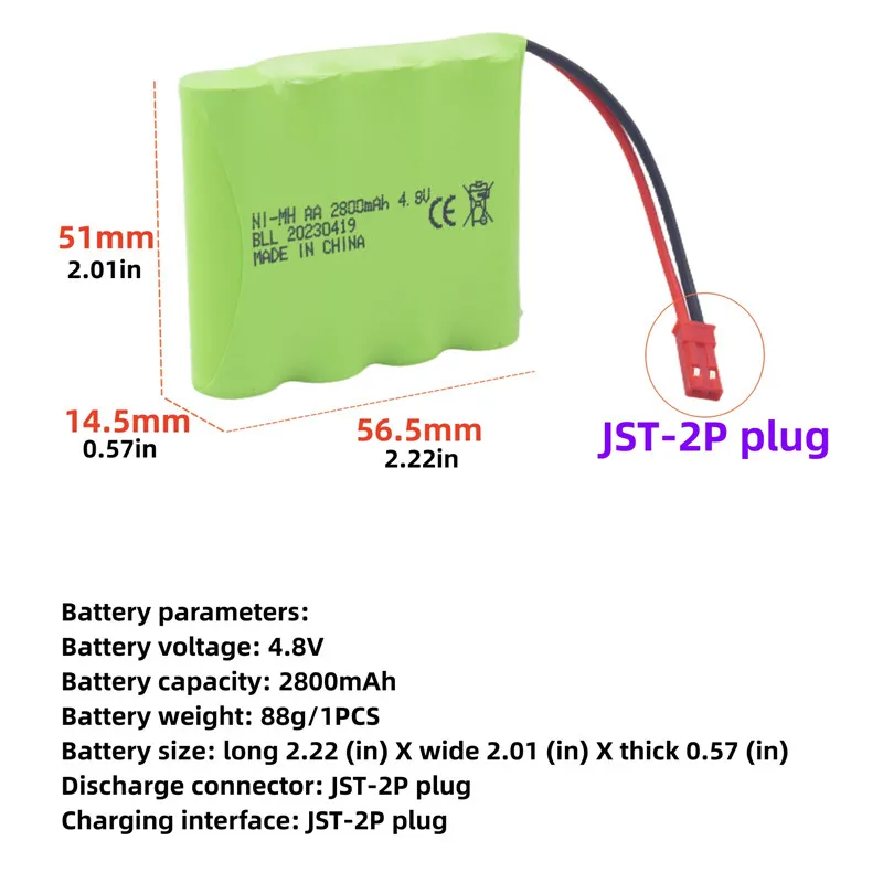 Pacco batteria 2 pezzi 4.8V 2800mAh con spina JST-2P + cavo di ricarica USB per giocattoli elettrici, escavatori, camion e veicoli di ingegneria