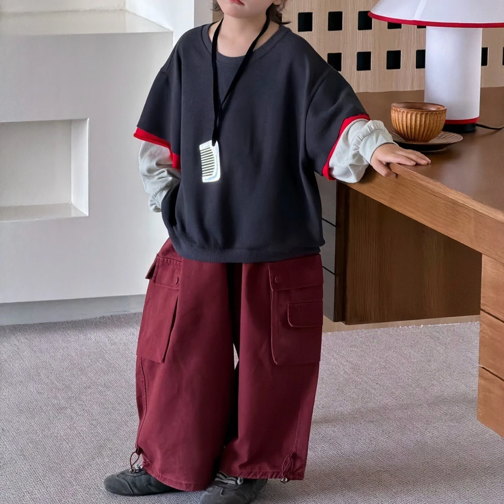 Boys' Suit 2026 Spring and Autumn New Children's Clothes Boys and Girls Fake Two Hoodies Big Pocket Overalls Two Sets