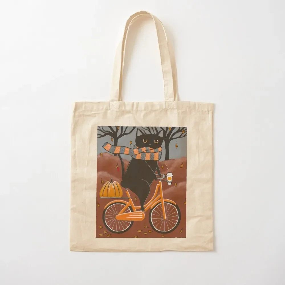 Black Cat Autumn Bicycle Ride Tote Bag tote bag screen reusable shopping bags