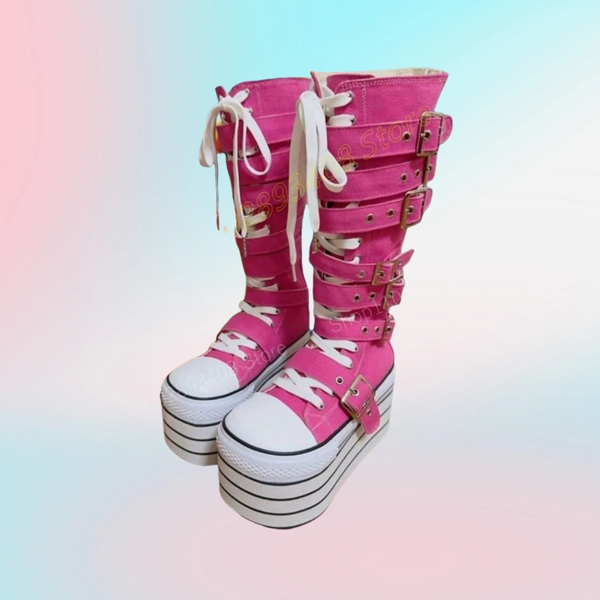 Colorful Buckle Belts Rivets Punk Style Mid Calf Boots Round Toe Thick Soled Front Lace-up Fashion Women Shoes 2024 Para Mujere