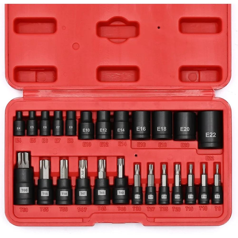 25pcs Socket Bit Set T8-T60 E4-E22 Screwdriver Tamper Security Bits External Socket Adapter 1/2 3/8 1/4inch Screw Driver Tool