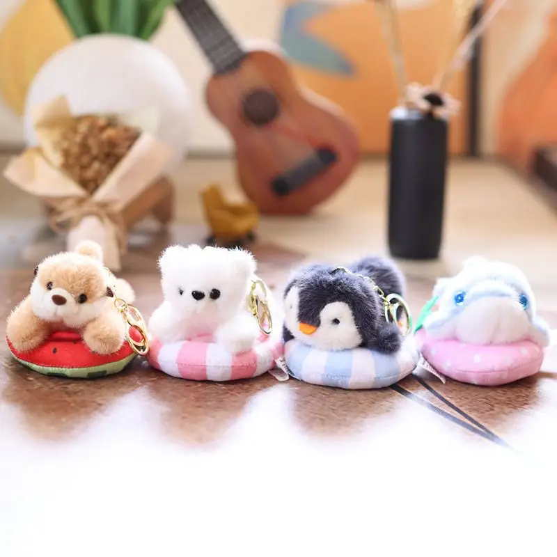14CM Swimming Circle Marine Animal Penguin Dolphin Doll Keychain Pendant Backpack Hangings Decoration Children Plush Stuffed Toy