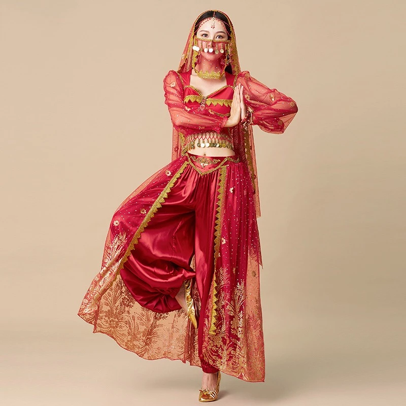 Red Green Colors Multiple Pieces Princess Belly Dance Clothes for Female Adult Exotic Style Halloween Performance Costume