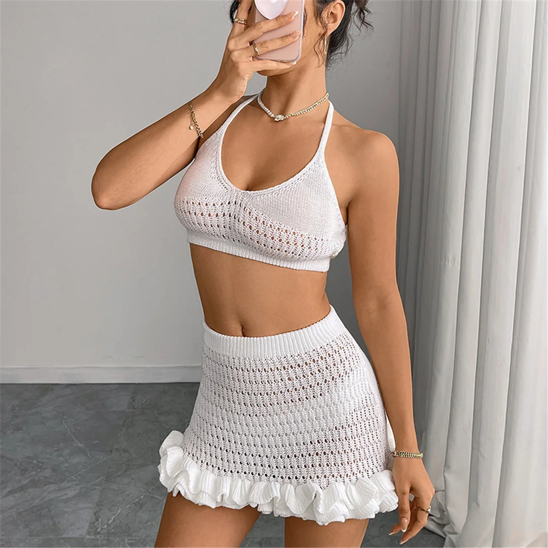 Neues, gerüschtes, halterloses, ausgeschnittenes, gehäkeltes, gestricktes 2-teiliges Set, Sommerkleid, Strandkleidung, Cover-up, zweiteiliges Set für Damen, V7169 – Detail 7