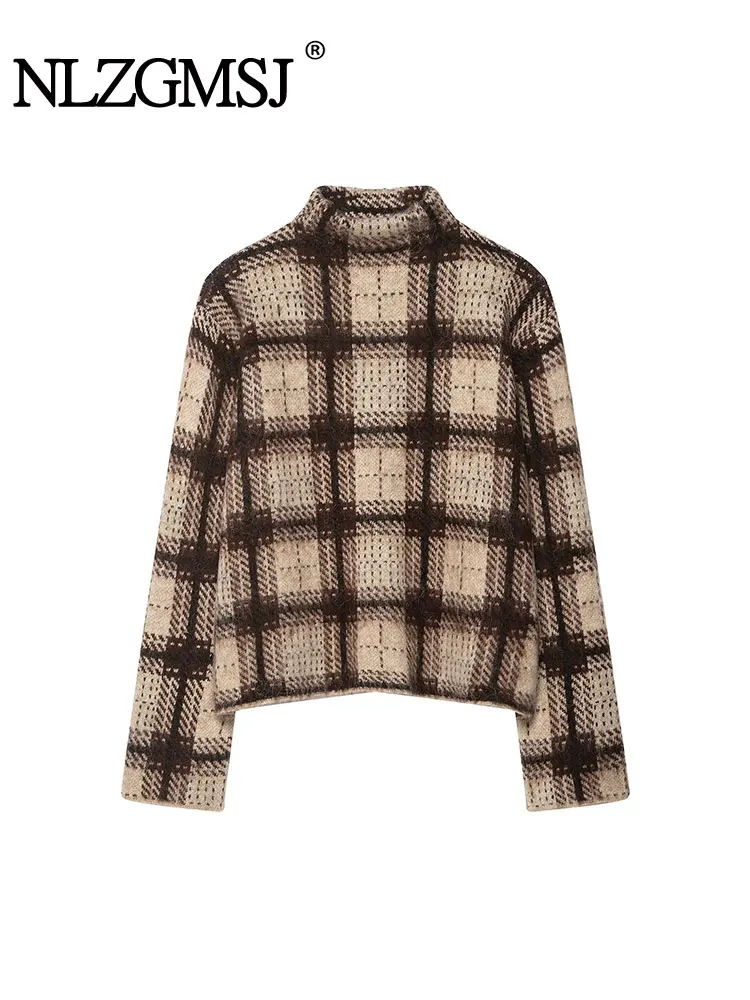 

NLZGMSJ Vintage Casual Chic Women Plaid Sweater O-Neck Long Sleeve Knitted Tops New Fashion 2025 Autumn Sweater