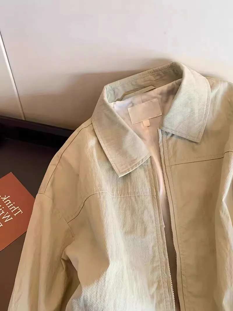 Retro Zipper Collared Jaet Mens Plain Color Casual Versatile Spring Autumn OuterwearFaionable Simple Pure Classic Outerwear