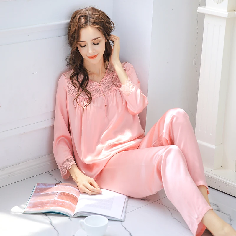 

Women's Silk Loungewear 100% Mulberry Silk Pullover Sleepwear Long Sleeve Pajamas Pants Set Outdoor Casual Home Outfit Pyjamas