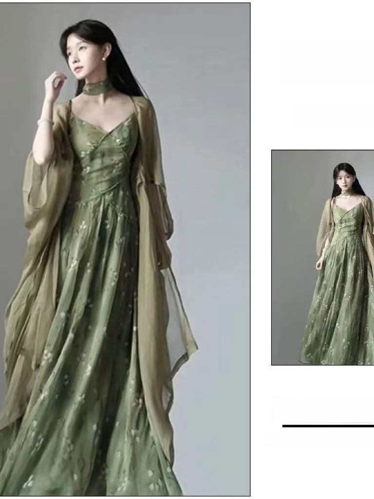 

Elegant plus Size Women's Summer Fashion Slimming Strap Dress Cardigan Two-Piece Set High Waist V-Neck Long Sleeve Sunscreen