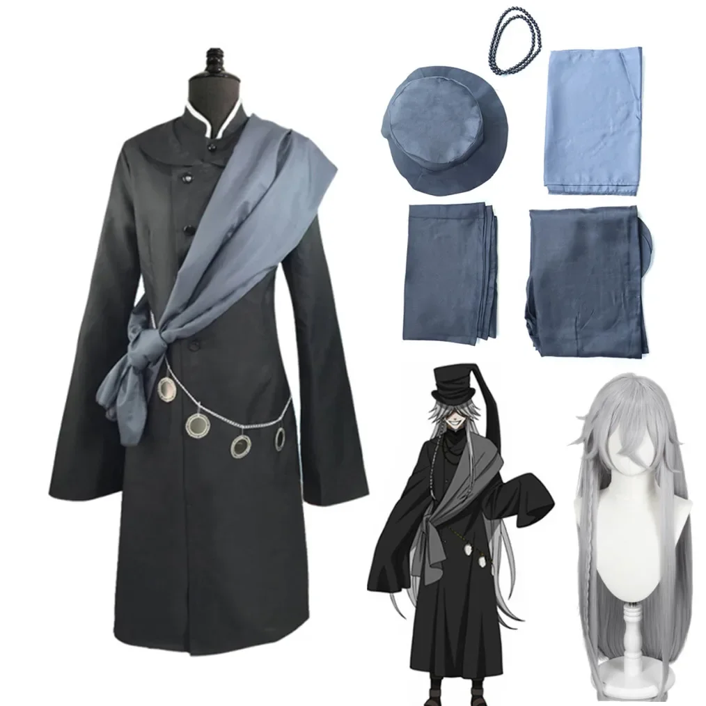 Black Butler Kuroshitsuji Undertaker Cosplay Costume Halloween Party Costumes Custom Made Full Set Hat Chain and Wig